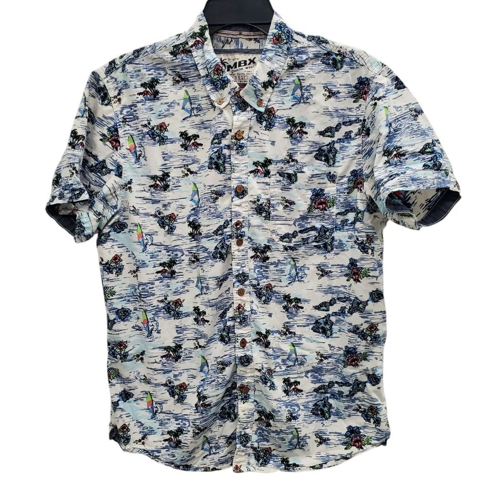 MBX Denim‎ Wear Men's White Blue Tropical Hawaiian Print Coconut Button Up Top L